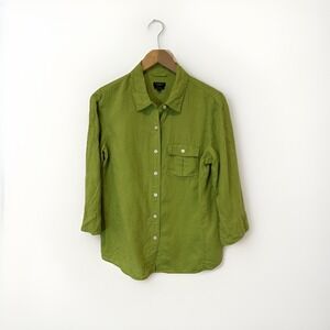 Talbots Womens Blouse M  Green Pure Irish Linen Shirt Vacation Casual Bright